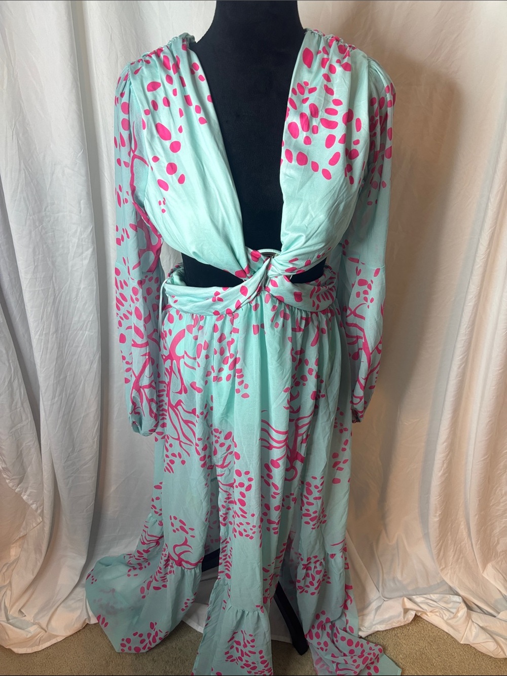 Fashion Nova Aqua and Hot Pink Floral Cutout Maxi Dress with Knot Front